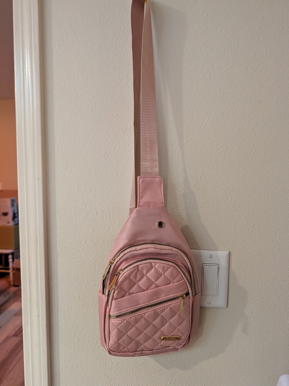 Compact Pink Quilted Crossbody Sling Bag with Gold Accents